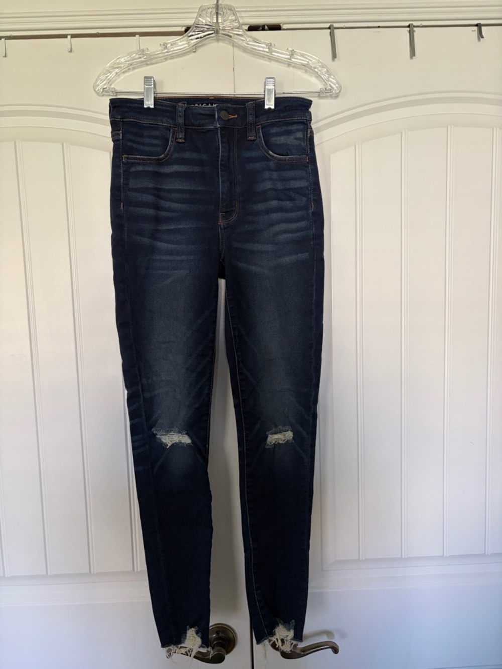 American Eagle Outfitters Dark Wash Skinny Jeans with Knee Distress